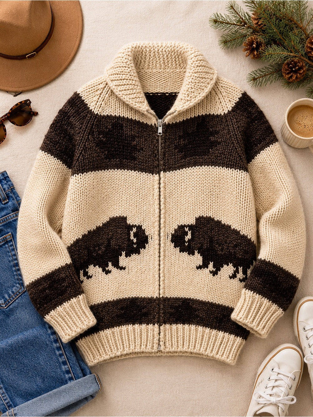 Hand Knit Buffalo Wool Zip-Up Cardigan Sweater Cream Brown Western Cabin Cozy - Picture 2 of 6